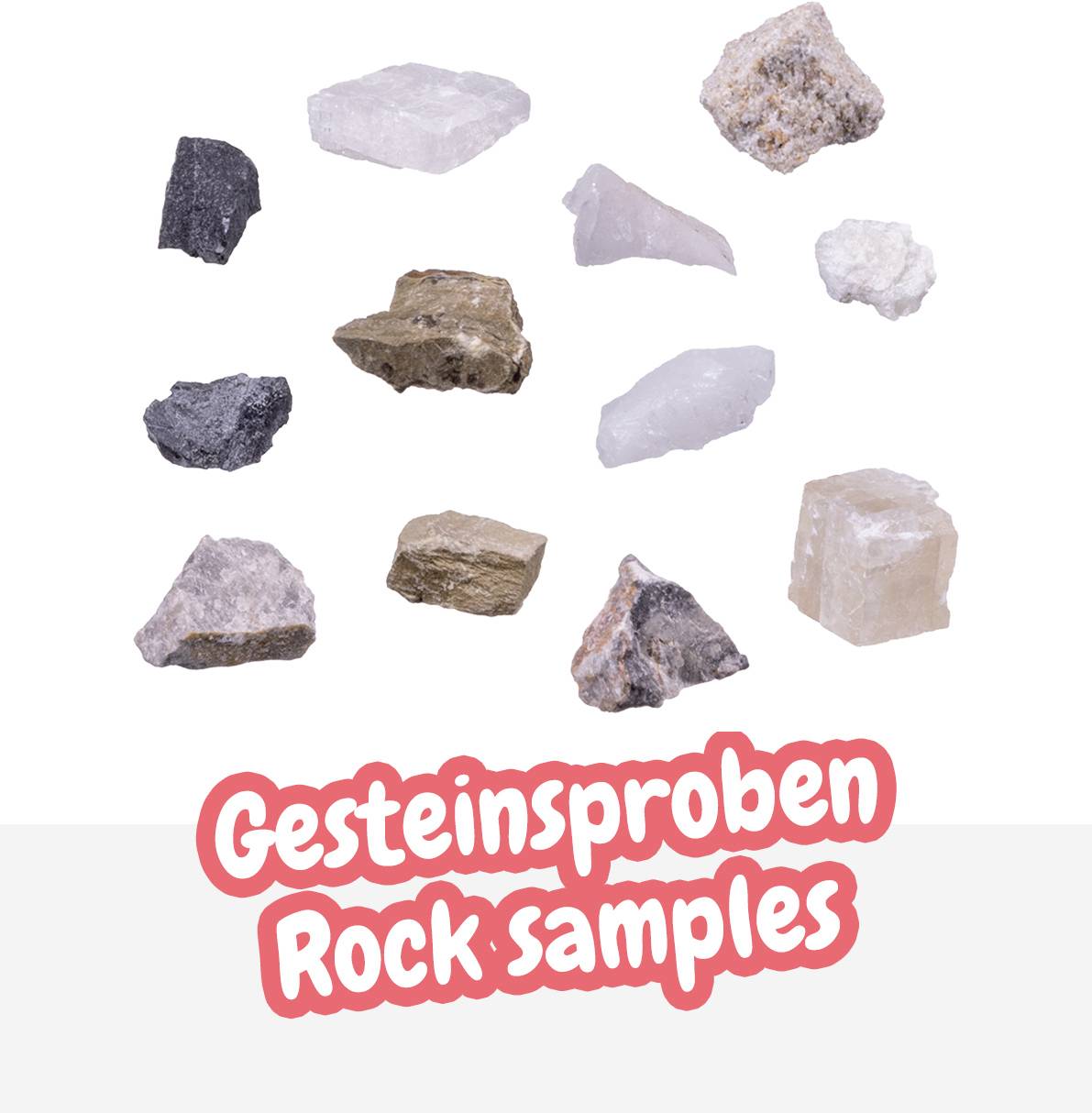 Verschiedene Gesteinsproben auf weißem Hintergrund, darunter schwarzes, weißes, braunes und graues Gestein. Text unten: 'Gesteinsproben Rock samples'.