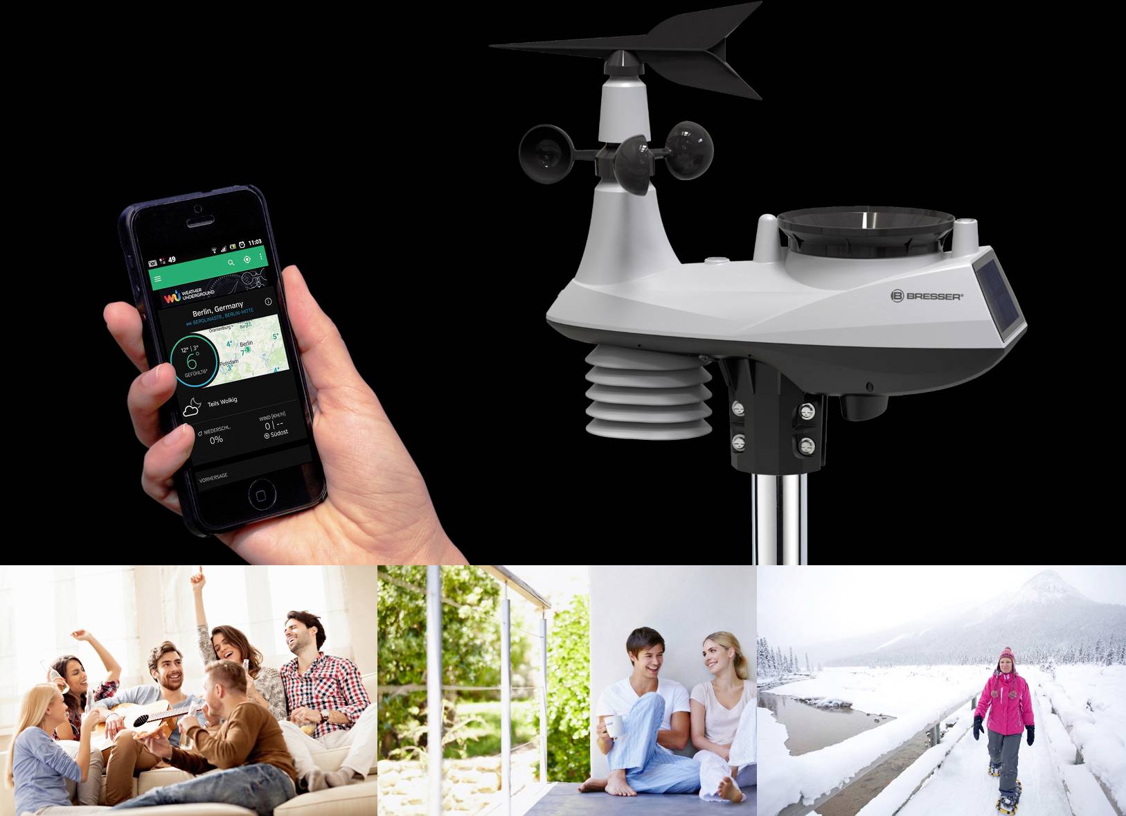 'Messstation mit Smartphone-App zur Wetterüberwachung; Menschen in verschiedenen Wettersituationen unten.'