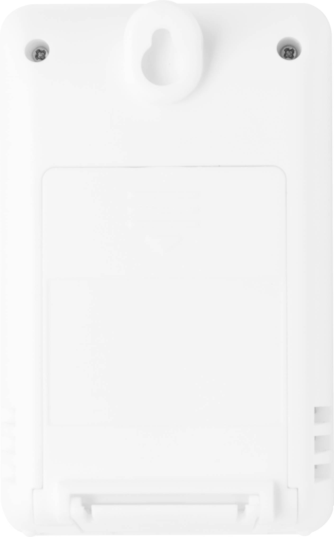 Weiße, rechteckige Fernbedienung mit Befestigungsschrauben oben in den Ecken und einer Wandhalterung unten.