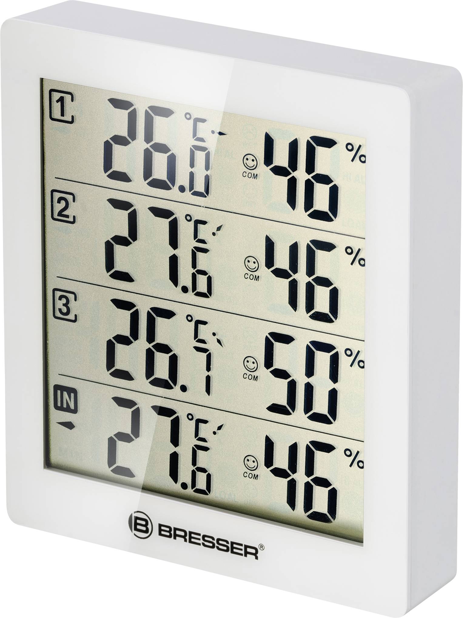 Digitales Thermometer und Hygrometer mit drei Anzeigebereichen. Zeigt Temperaturen von 26,6°C bis 27,6°C und Luftfeuchtigkeit von 46% bis 50%.