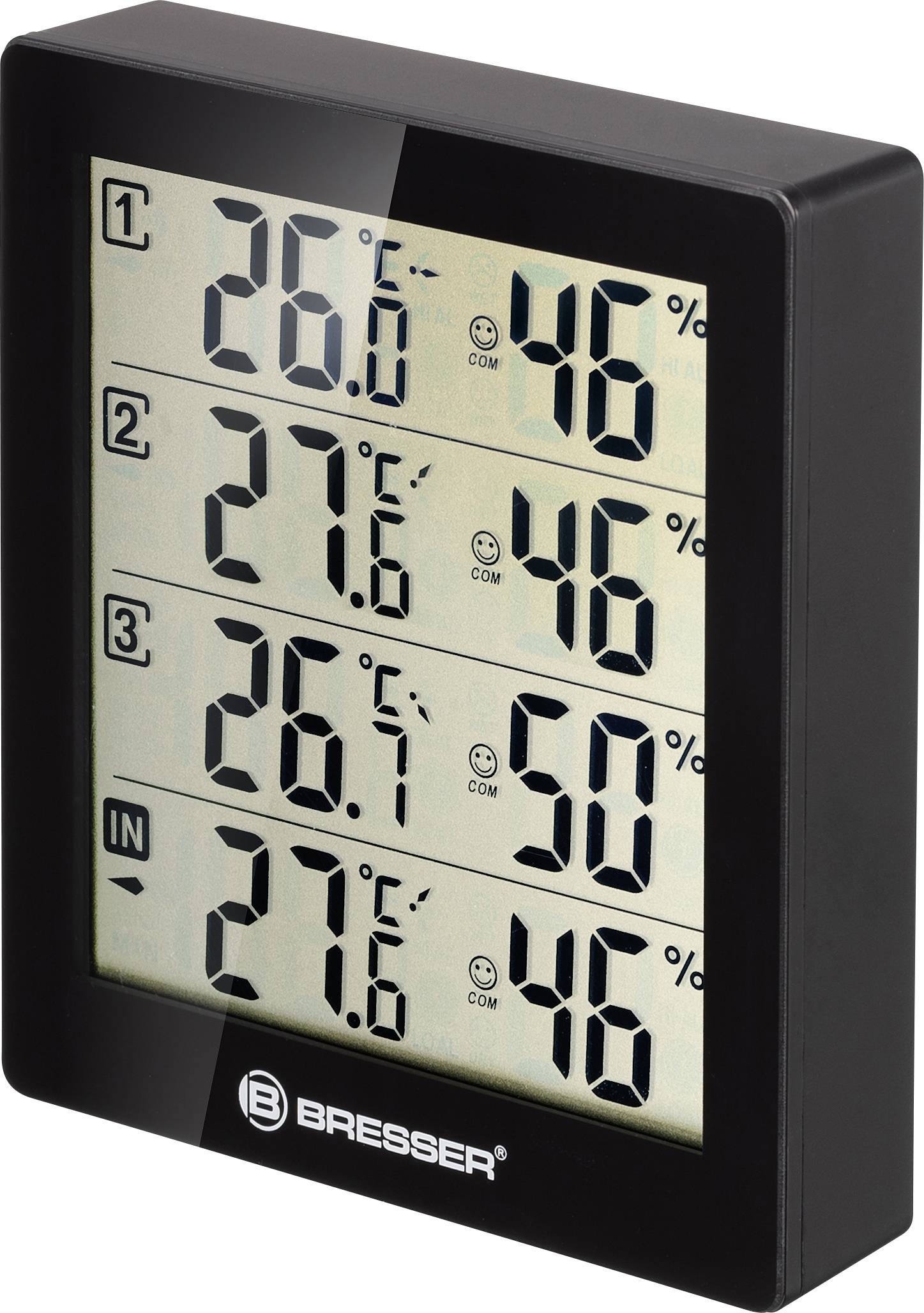 Ein digitales Thermometer und Hygrometer zeigt drei Temperaturmessungen von 26,7°C, 27,6°C und 26,7°C sowie Feuchtigkeitswerte von 46%, 46% und 50% an.  