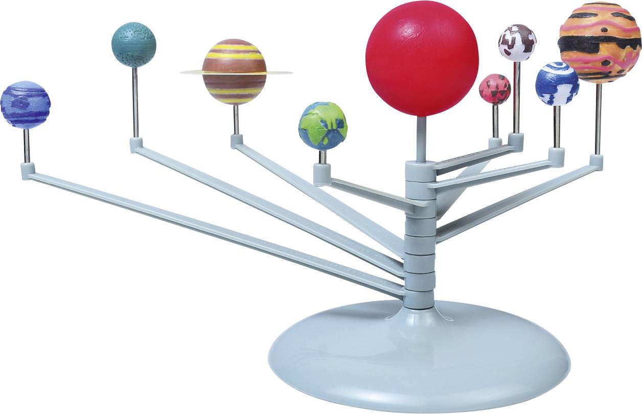 Ein dreidimensionales Modell des Sonnensystems zeigt die Planeten auf rotierenden Armen um eine rote Kugel als Sonne.