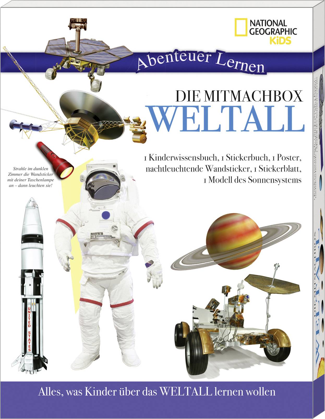 'Die Mitmachbox Weltall' von National Geographic Kids enthält Bücher, Poster, Sticker und ein Modell des Sonnensystems für Kinder.