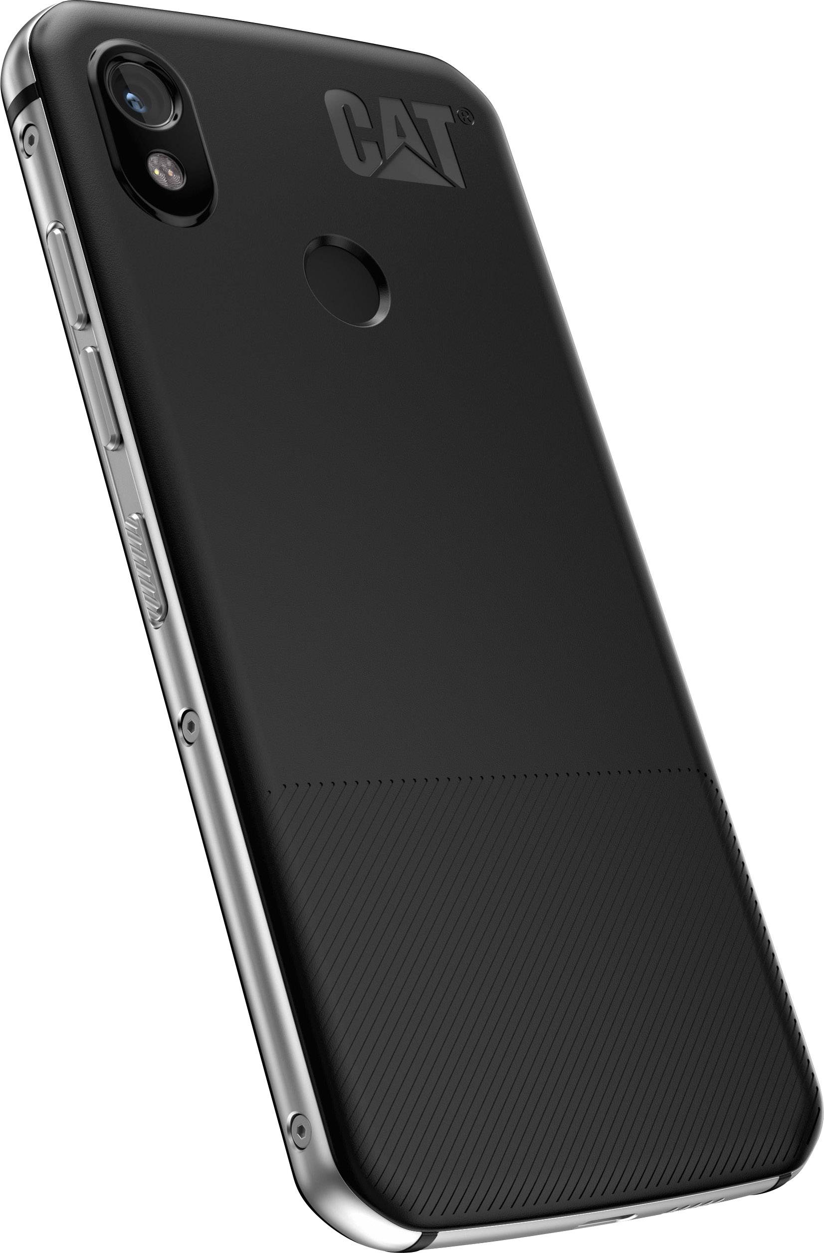 Ein robustes Smartphone von CAT, schwarz, mit Seitenansicht, Kurvenform und sichtbarem Kameraobjektiv.