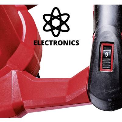 Rote elektronische Maschine mit schwarzem Schalter, daneben ein Atom-Symbol und das Wort 'ELECTRONICS'.