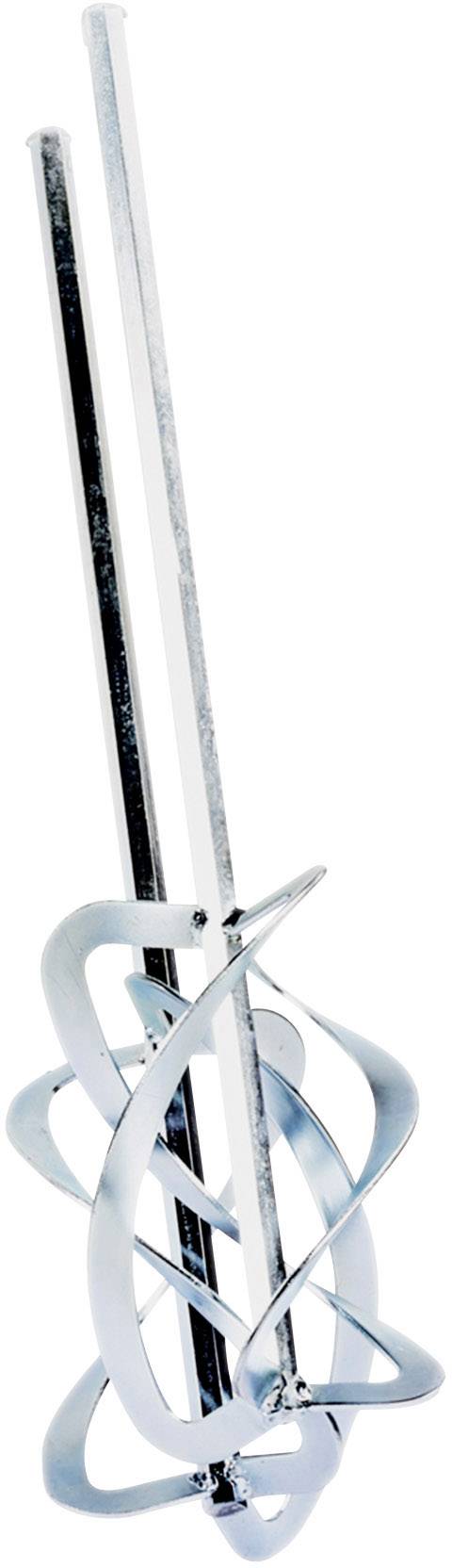 Ein silberner, spiralförmiger Ballonmischer aus Metall mit zwei langen, geraden Stäben in der Mitte. Ideal zum Vermengen von Teigen.