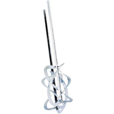 Ein silberner, spiralförmiger Ballonmischer aus Metall mit zwei langen, geraden Stäben in der Mitte. Ideal zum Vermengen von Teigen.