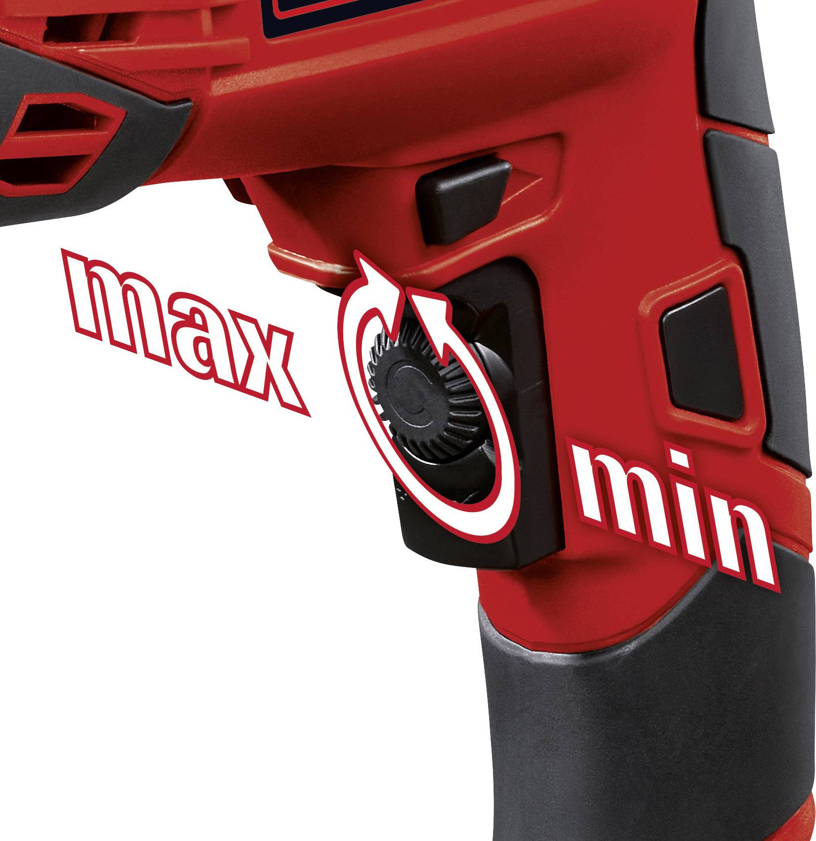 Ein roter Handgriff mit einem Drehregler, der 'max' und 'min' anzeigt, zur Einstellung der Geschwindigkeit eines Werkzeugs.