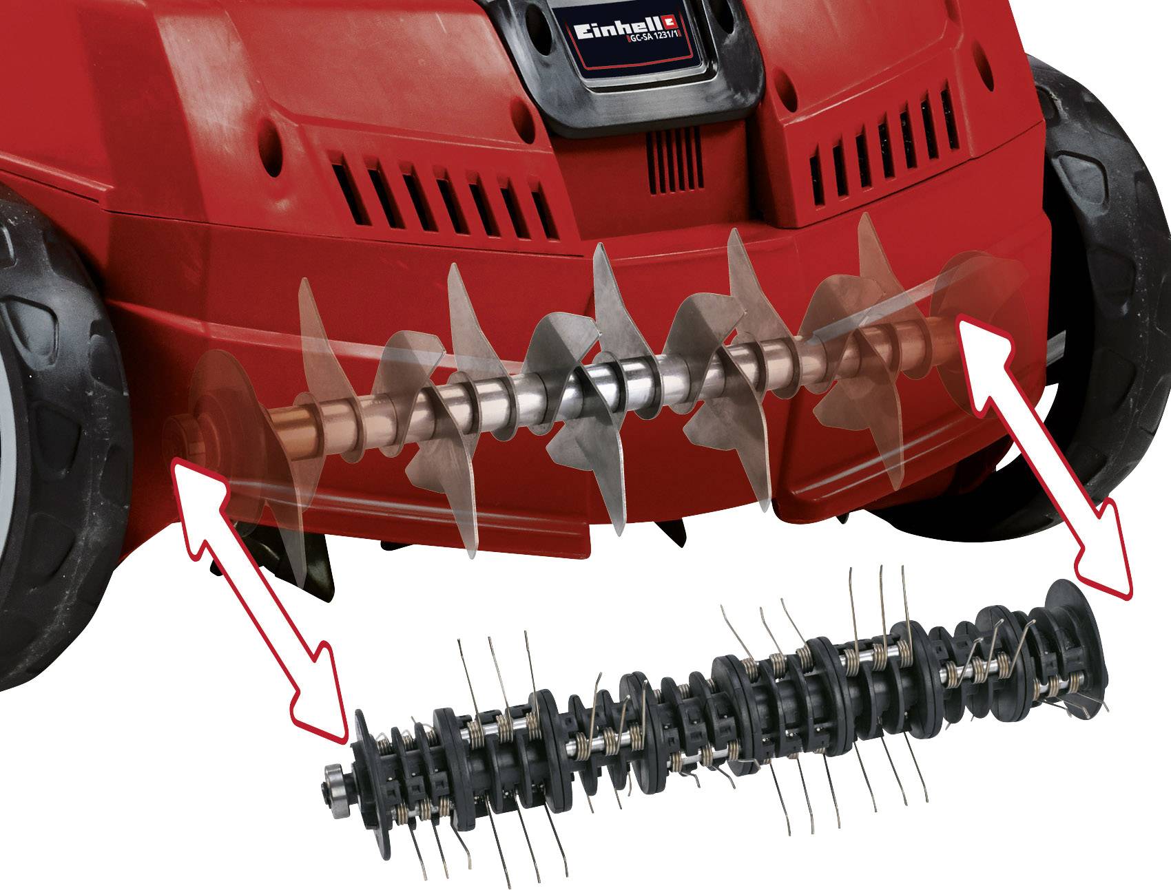 Ein roter Rasenlüfter mit austauschbarer Walze. Zwei Pfeile zeigen auf die Lüfterwalze und eine separate Ersatzwalze unterhalb.