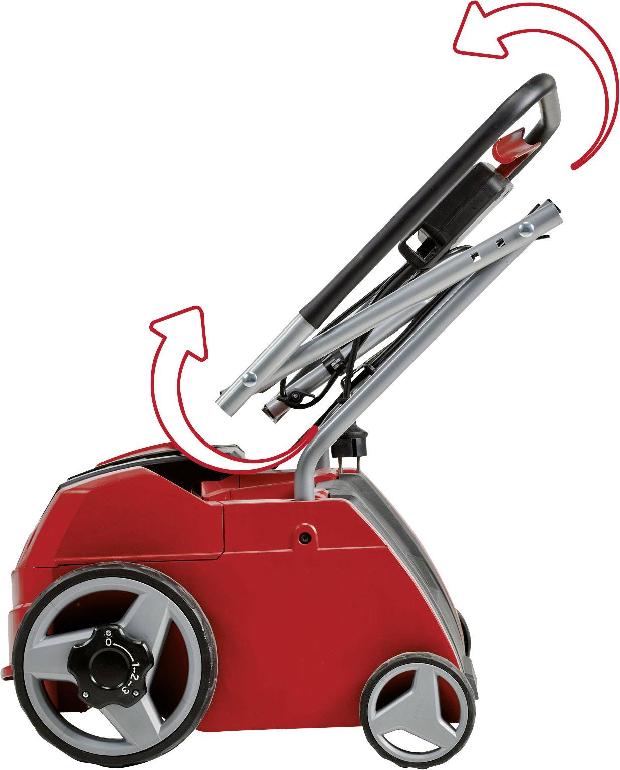 Roter Gartenvertikutierer mit klappbarem Griff, der mit Pfeilen markiert ist, um das Zusammenklappen zu zeigen.