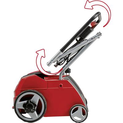 Roter Gartenvertikutierer mit klappbarem Griff, der mit Pfeilen markiert ist, um das Zusammenklappen zu zeigen.