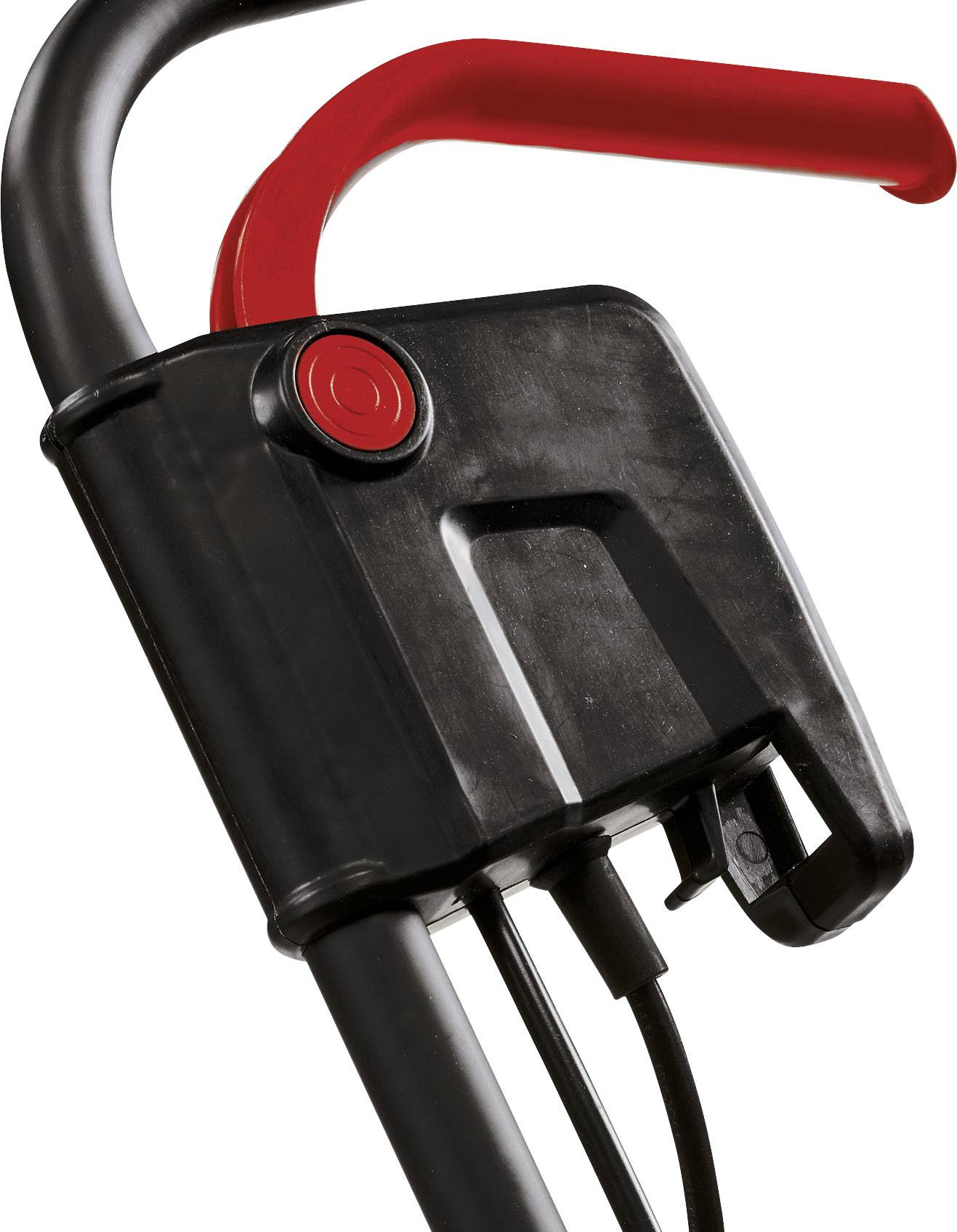 Nahaufnahme eines schwarzen Griffs mit rotem Hebel an einem Gerät. Der Hebel ist in der Aufwärtsposition, möglicherweise ein Sicherheitsmechanismus.