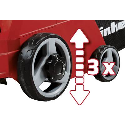 Rote Rasenmäher-Räder mit verstellbarem Hebel. Ein Pfeil zeigt nach oben und unten mit der Aufschrift '3x', was dreifache Höhenverstellung bedeutet.