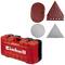 Ein roter Werkzeugkoffer mit Einhell-Logo, daneben runde und dreieckige Schleifscheiben in verschiedenen Materialien und Größen.