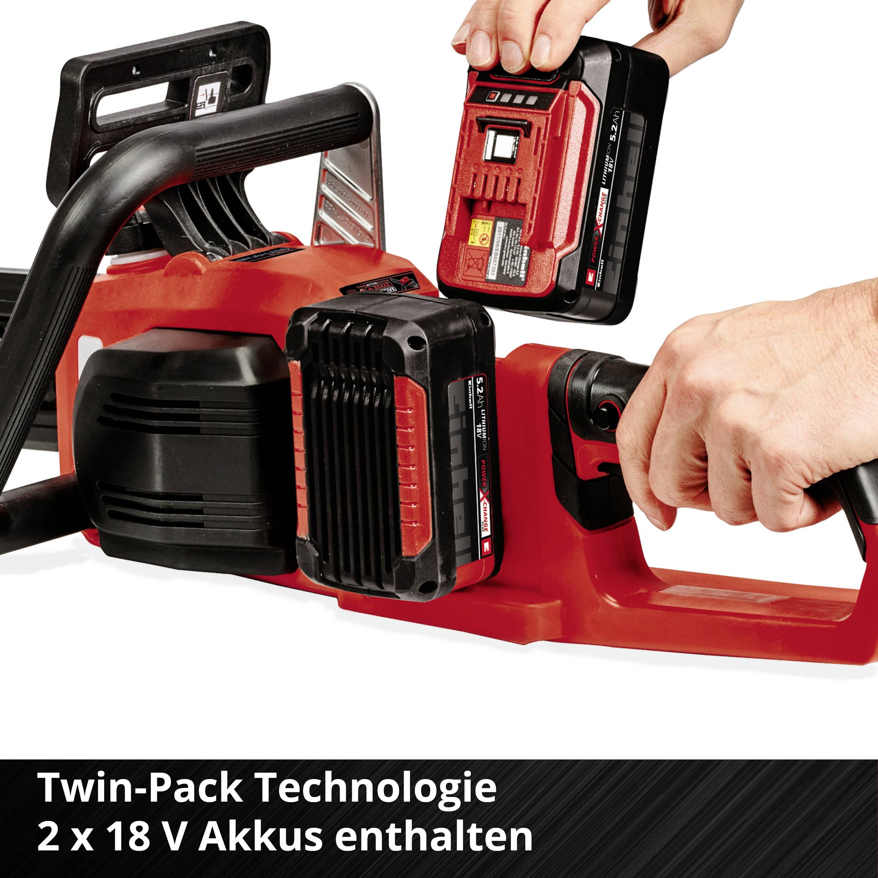 Die Abbildung zeigt einen roten Rasenmäher mit zwei herausnehmbaren, wiederaufladbaren Akkus. Text unten beschreibt 'Twin-Pack Technologie'.