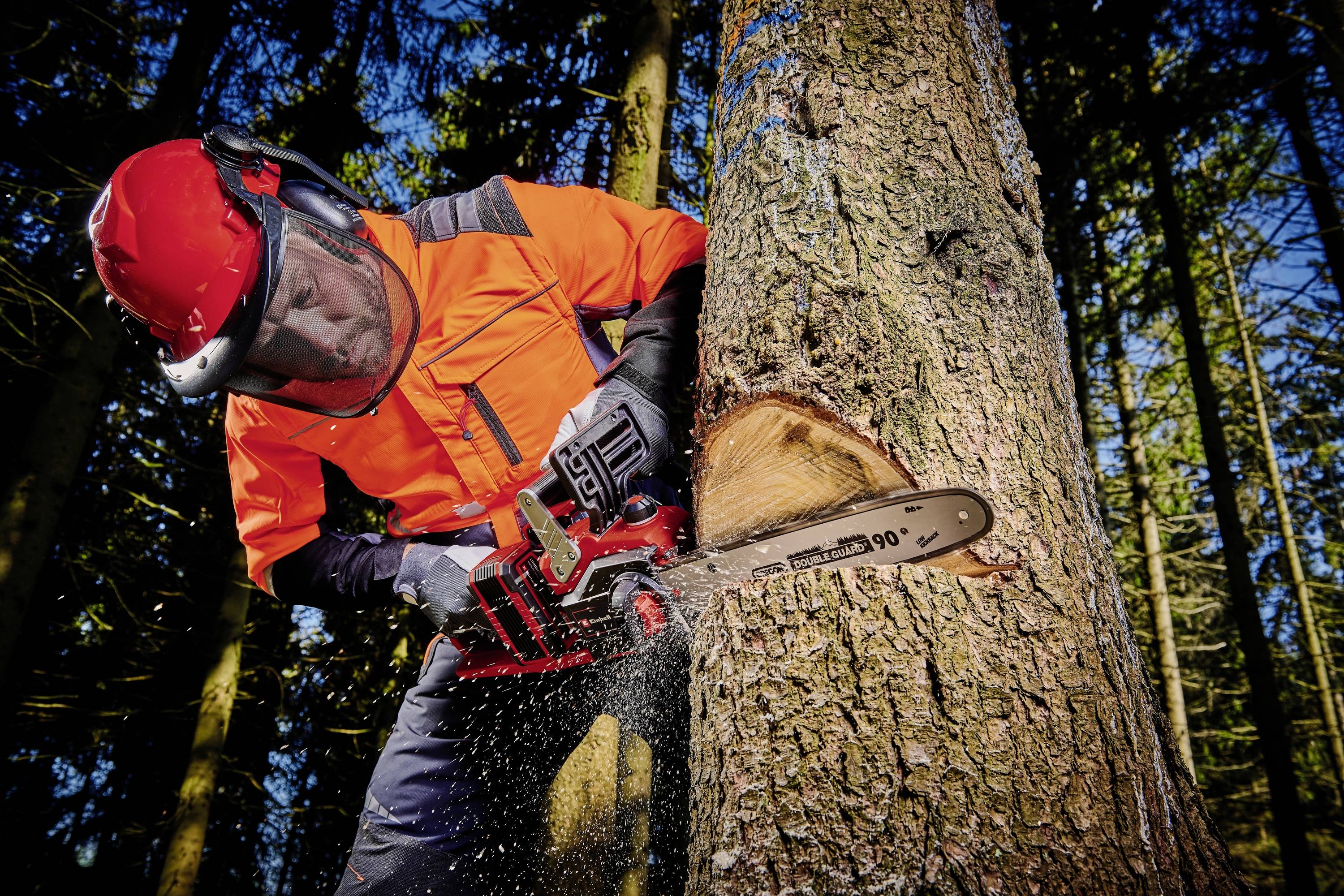Ein Arbeiter in Schutzkleidung fällt mit einer Motorsäge einen Baum in einem Wald. Sägespäne fliegen in die Luft.