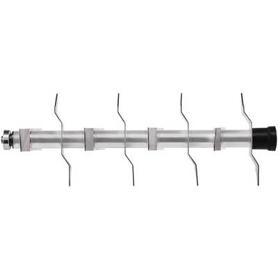Ein Metallrohr mit mehreren gleichmäßig verteilten, gebogenen Metallklammern entlang seiner Länge; möglicherweise eine Antenne.