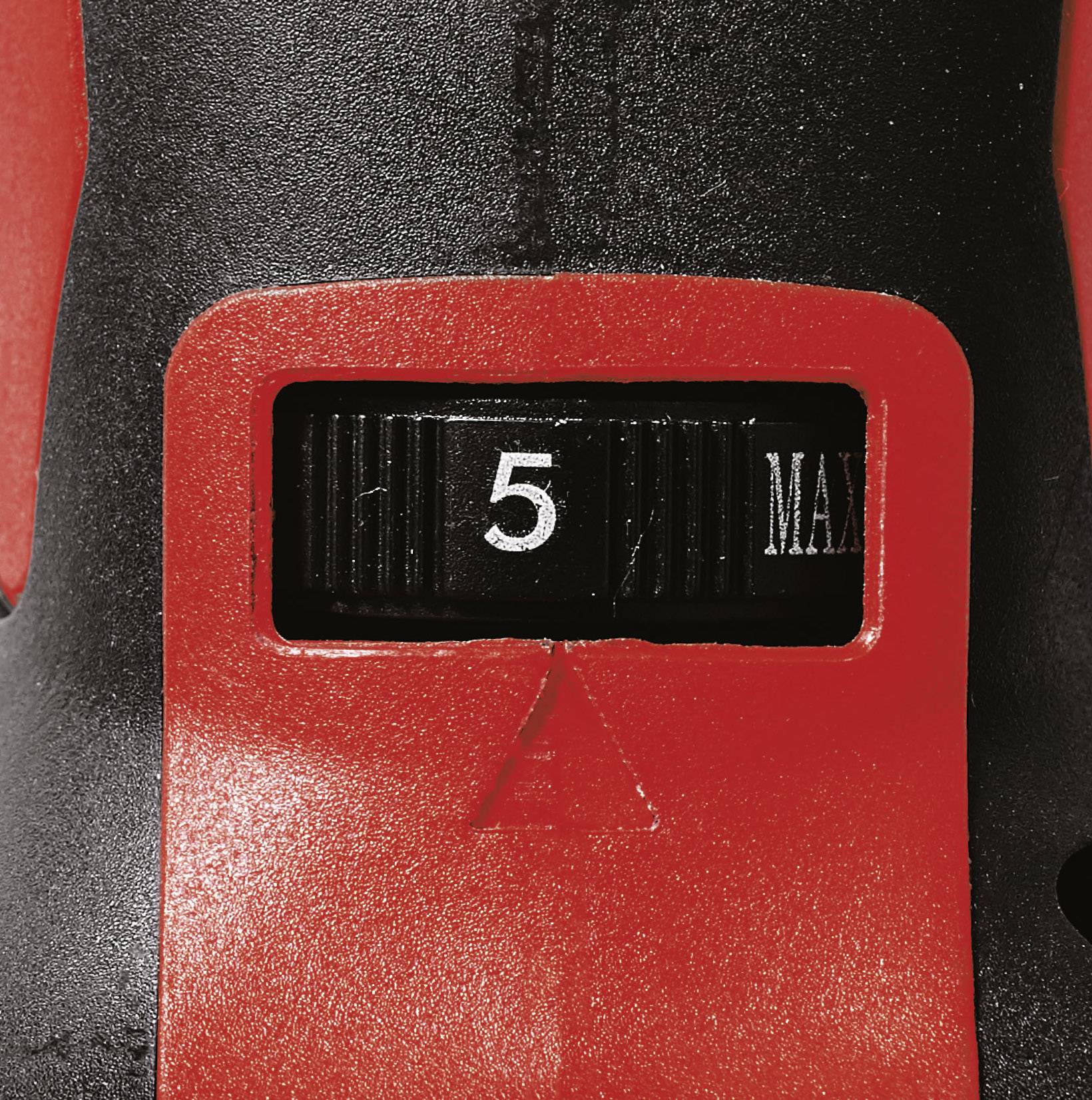 Roter und schwarzer Schalter eines Geräts mit der Aufschrift '5 MAX'. Kontrastreiche Farben, Symbol darunter.