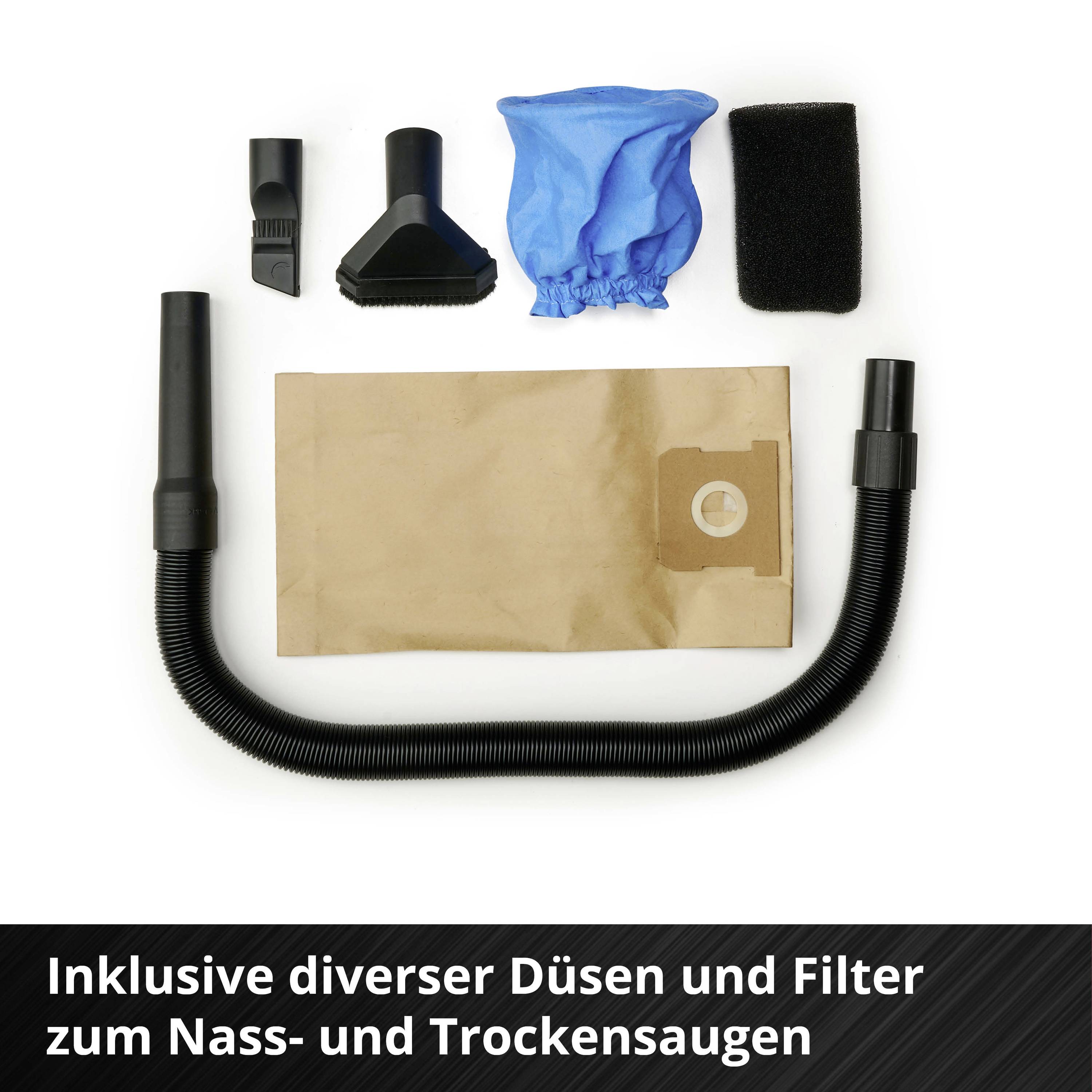 Set aus Staubsaugerzubehör mit Schläuchen, Düsen, Filterbeutel und Filtern für Nass- und Trockensaugen; Text: 'Inklusive diverser Düsen und Filter zum Nass- und Trockensaugen'.