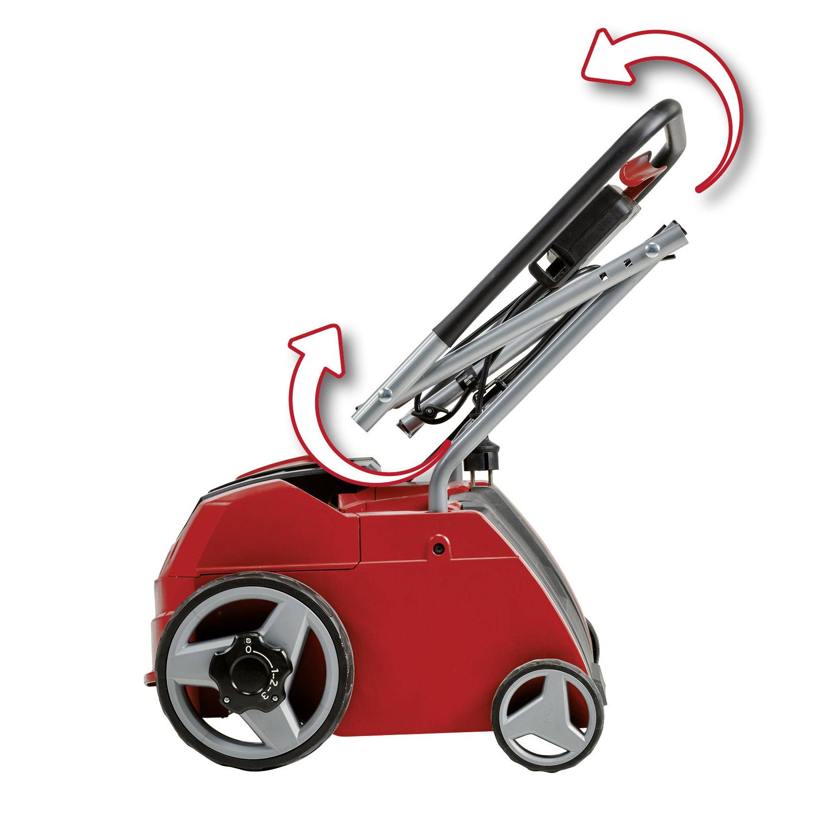 Roter Hochdruckreiniger auf Rädern mit umklappbarem Griff zur platzsparenden Lagerung, hervorgehoben durch Pfeile.