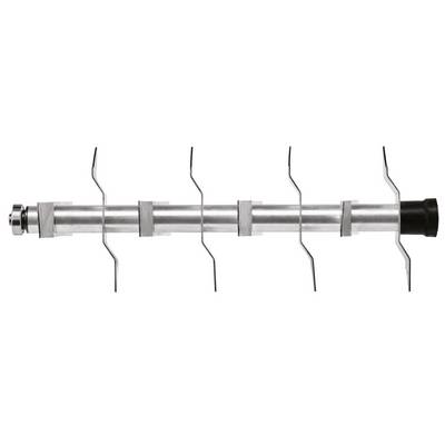 Metallstab mit mehreren kreisförmigen Klammern und Haken entlang der Länge, die zur Befestigung oder Stabilisierung dienen könnten.