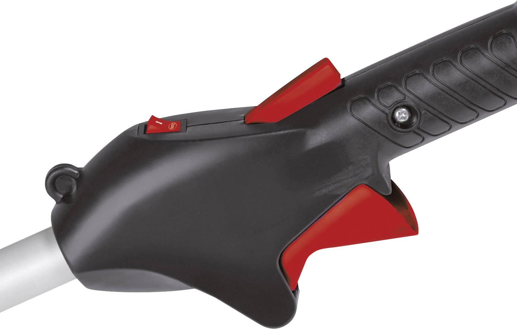 Ein schwarzer Griff eines elektrischen Gartenwerkzeugs mit einem roten Sicherheitshebel und einem Ein/Aus-Schalter.