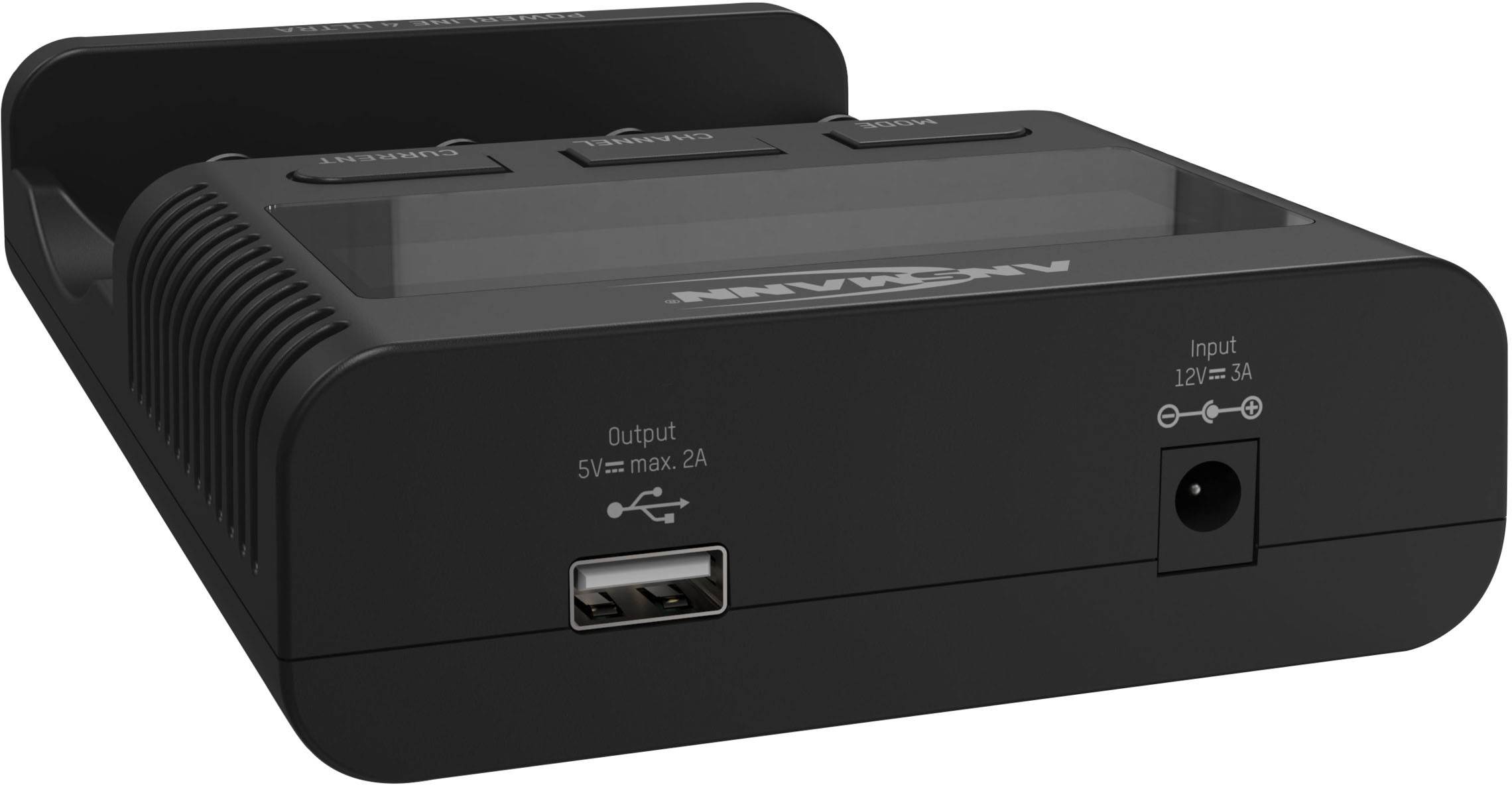 Schwarzes Gerät mit USB-Ausgang (5V/2A) und Stromanschluss (12V/3A) an der Vorderseite, Markenname oben.