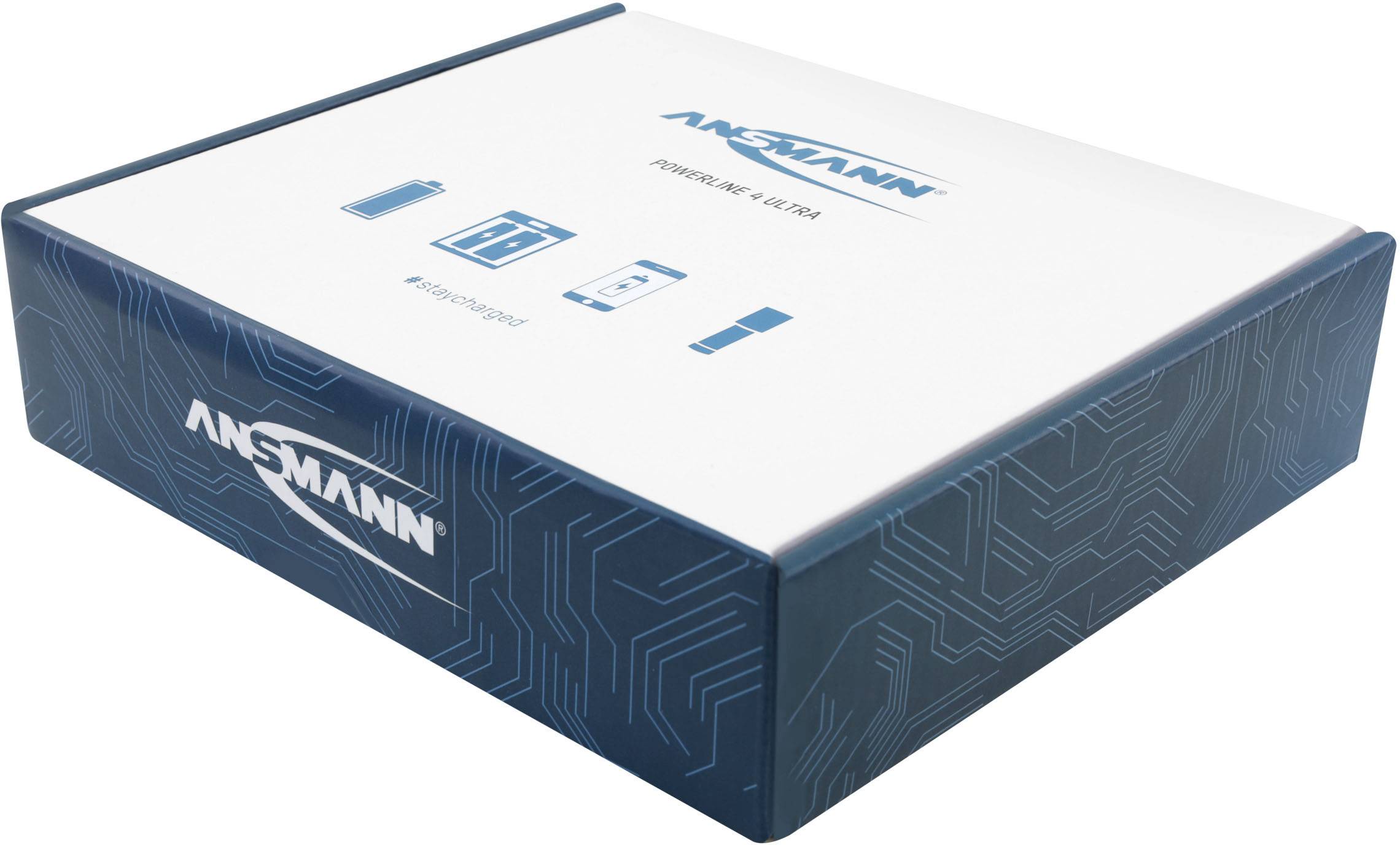 Weiße rechteckige Verpackung mit blauen Seitenteilen, bedruckt mit dem Logo 'ANSMANN' und Icon-Symbolen für Ladegeräte oder Batterien.