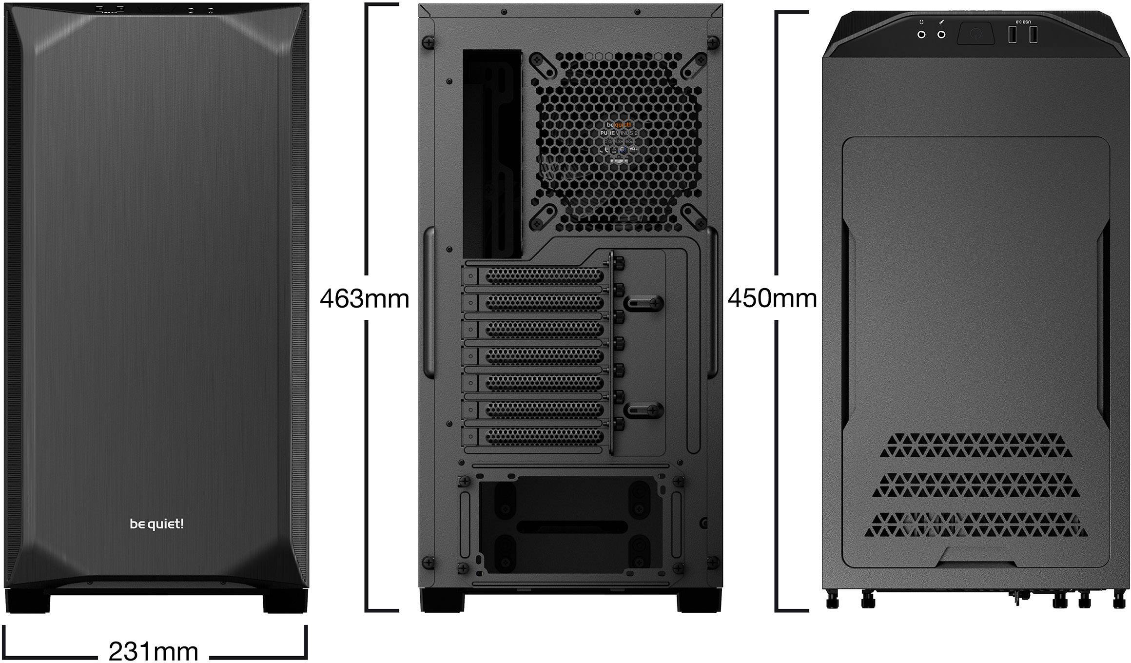 Das Bild zeigt drei Ansichten eines schwarzen Computergehäuses: Front, Rückseite und Seite. Abmessungen: 231mm Breite, 463mm Höhe, 450mm Tiefe.