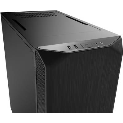 Schwarzes Computergehäuse mit USB-Anschlüssen und Einschaltknopf oben an der Vorderseite. Schlichtes Design mit belüfteter Oberseite.