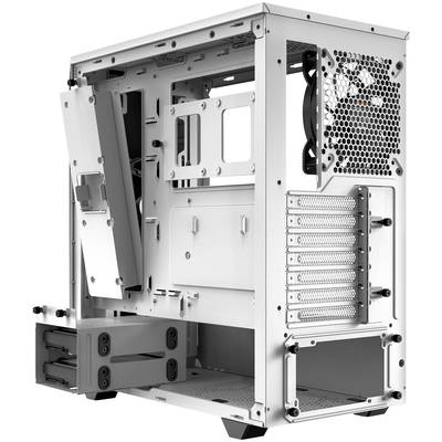 Ein offenes, silbernes Computergehäuse mit Lüfter an der Rückseite, Raum für Festplatten und Erweiterungskarten.