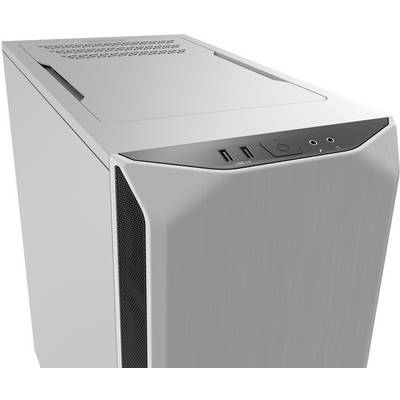 Moderner, weißer Computer-Tower mit USB-Anschlüssen und Lüftungsschlitzen an der Oberseite.