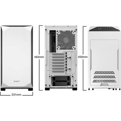 Gehäuseansicht eines Computergehäuses von drei Seiten. Links: Frontansicht, schlichtes Metalldesign. Mitte: Rückansicht mit Lüftungsgitter und Erweiterungs-Steckplätzen. Rechts: Oberansicht. Maße angegeben.