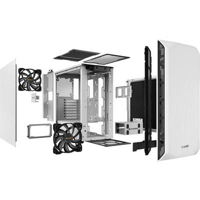Zerlegtes Computergehäuse mit mehreren abnehmbaren Teilen, darunter Lüfter, Seiten- und Frontplatten. Zeigt flexible Bauoptionen.