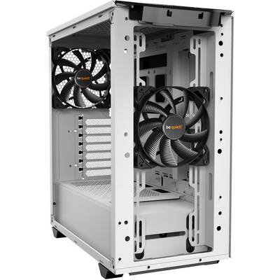 Ein weißes Computergehäuse mit zwei montierten Lüftern an der Vorderseite. Offene Seitenwand zeigt das Innere des Gehäuses.