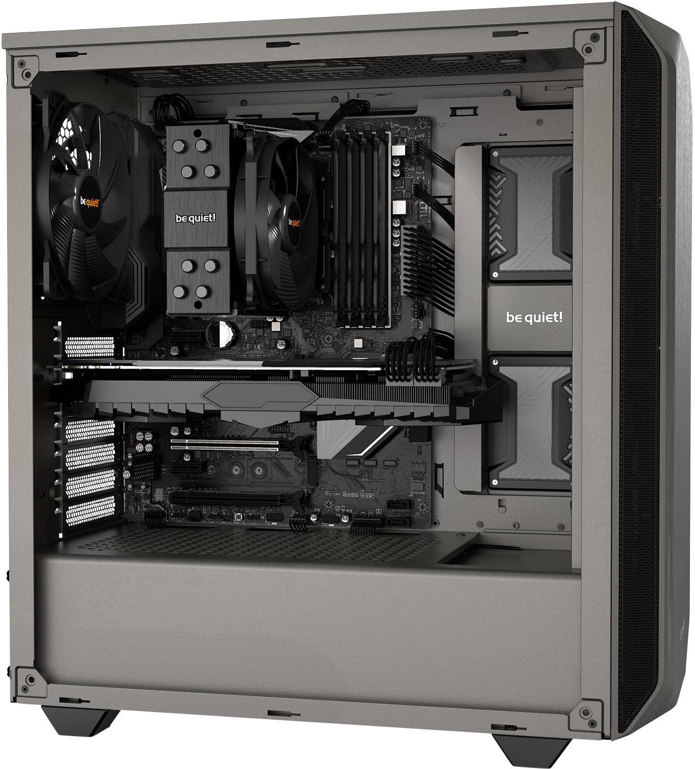 Ein geöffneter Computer-PC mit sichtbarer Hardware wie Lüfter, Mainboard, RAM und Netzteil. Die Komponenten sind gleichmäßig angeordnet.