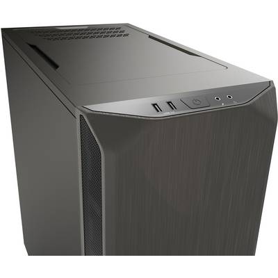 Ein schwarzes Computergehäuse mit zwei USB-Anschlüssen, einem Ein-/Ausschalter und Audioanschlüssen auf der Vorderseite.