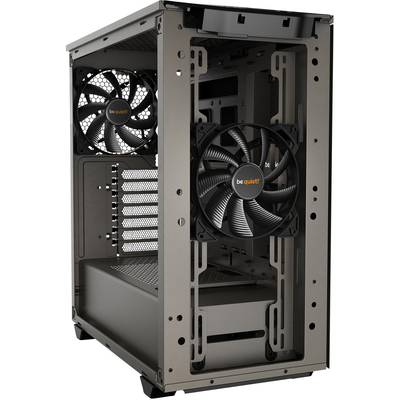 Gehäuse eines Computer-PCs in schwarz mit sichtbaren Lüftern an der Vorderseite und offener Innenansicht.