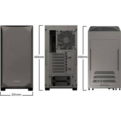 'PC-Gehäuse in drei Ansichten: Vorderansicht, Rückansicht mit Belüftung und Anschlüssen, Seitenansicht mit Lufteinlässen. Maße 231 x 463 x 450 mm.'