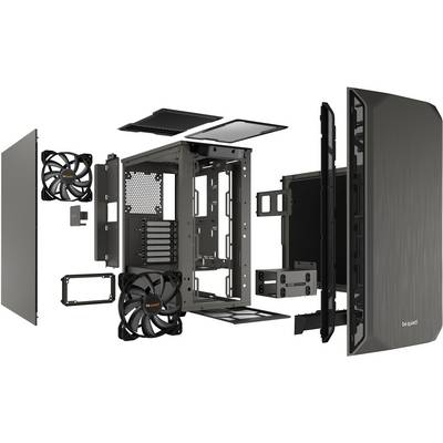 Zerlegtes PC-Gehäuse mit sichtbaren Einzelteilen: Gehäuse, Lüfter, Seitenteile und Halterungen. Hauptbestandteile sind auseinander genommen.
