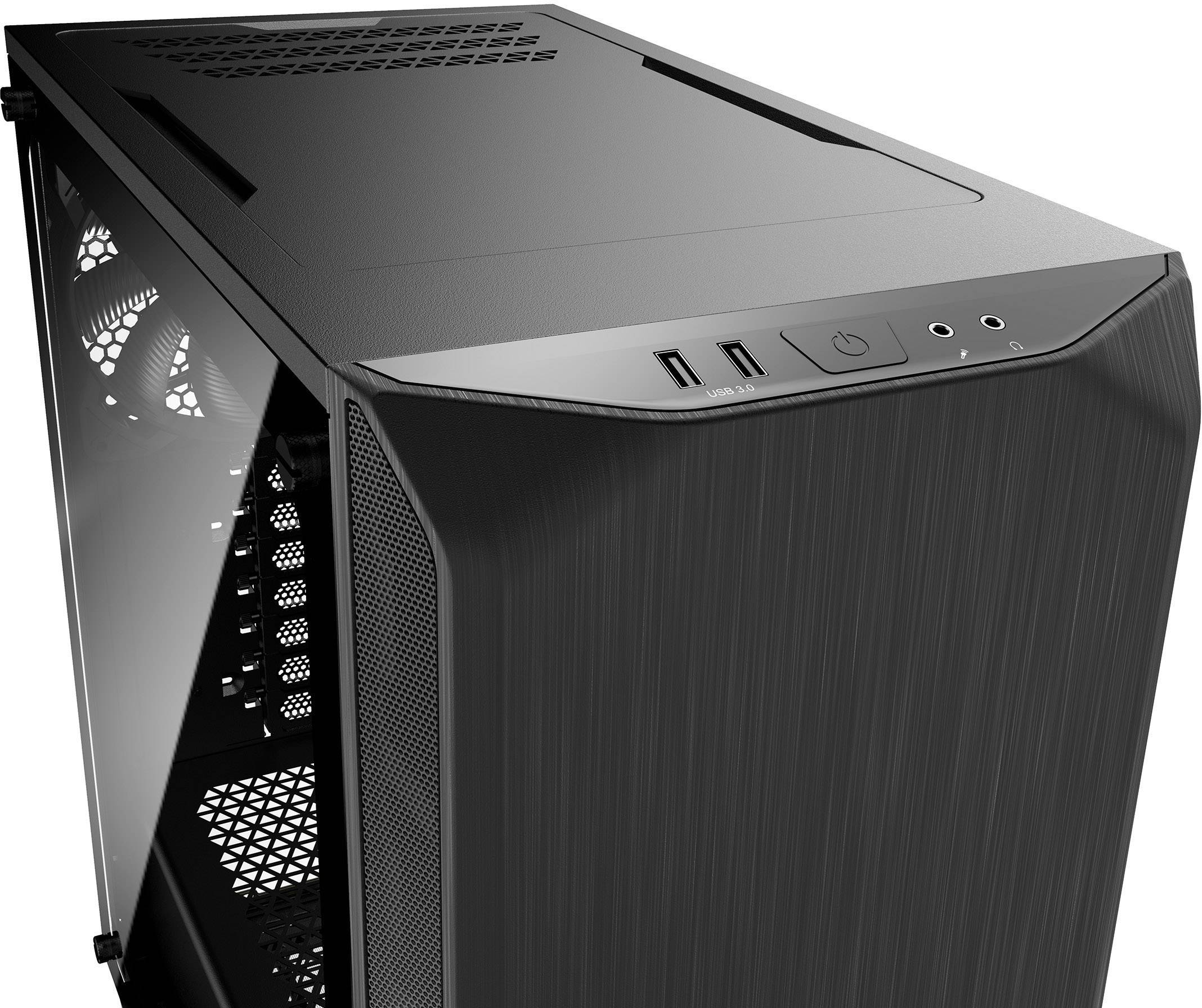 Schwarzes Computergehäuse mit seitlichem Glasfenster, zwei USB-Ports, einem Ein-/Ausschalter und Kopfhöreranschluss auf der Vorderseite.