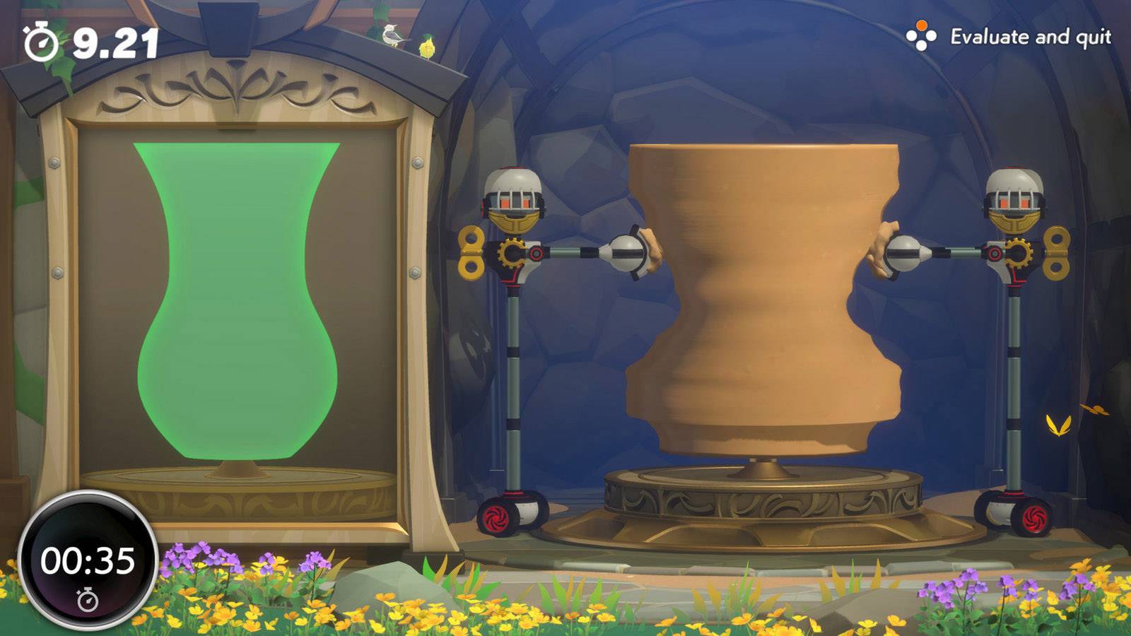 Ein Töpferspiel zeigt eine Vase im Entwurf neben einer unvollendeten Tonvase auf der Drehscheibe. Oben links ist ein Timer.