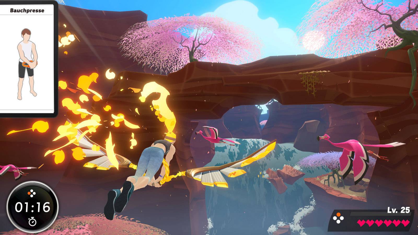 Eine Figur fliegt durch eine farbenfrohe Fantasielandschaft mit Flügeln, umgeben von schwebenden Kreaturen. Links oben: Abbildung 'Bauchpresse'. Unten links: Stoppuhr bei 1:16, unten rechts: Level 25.