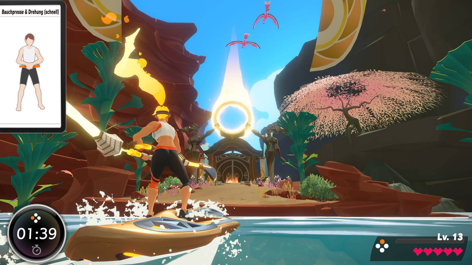 Ein Charakter paddelt auf einem Fluss zu einem leuchtenden Tor. Links ist ein Timer, rechts unten Herz-Symbole und 'Lv. 13'.