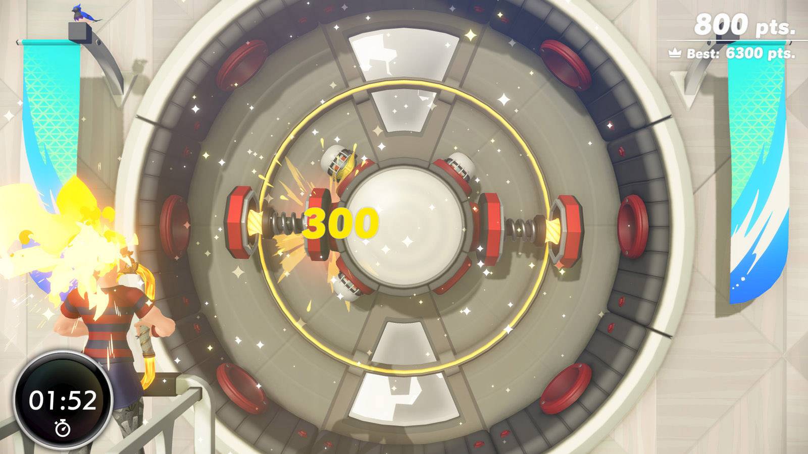 'Fitness-Spiel mit Charakter, der auf Zielscheibe schlägt. Punkteanzeige zeigt 800 Punkte erreicht, 300 Punkte in Aktion. Timer läuft 01:52.'