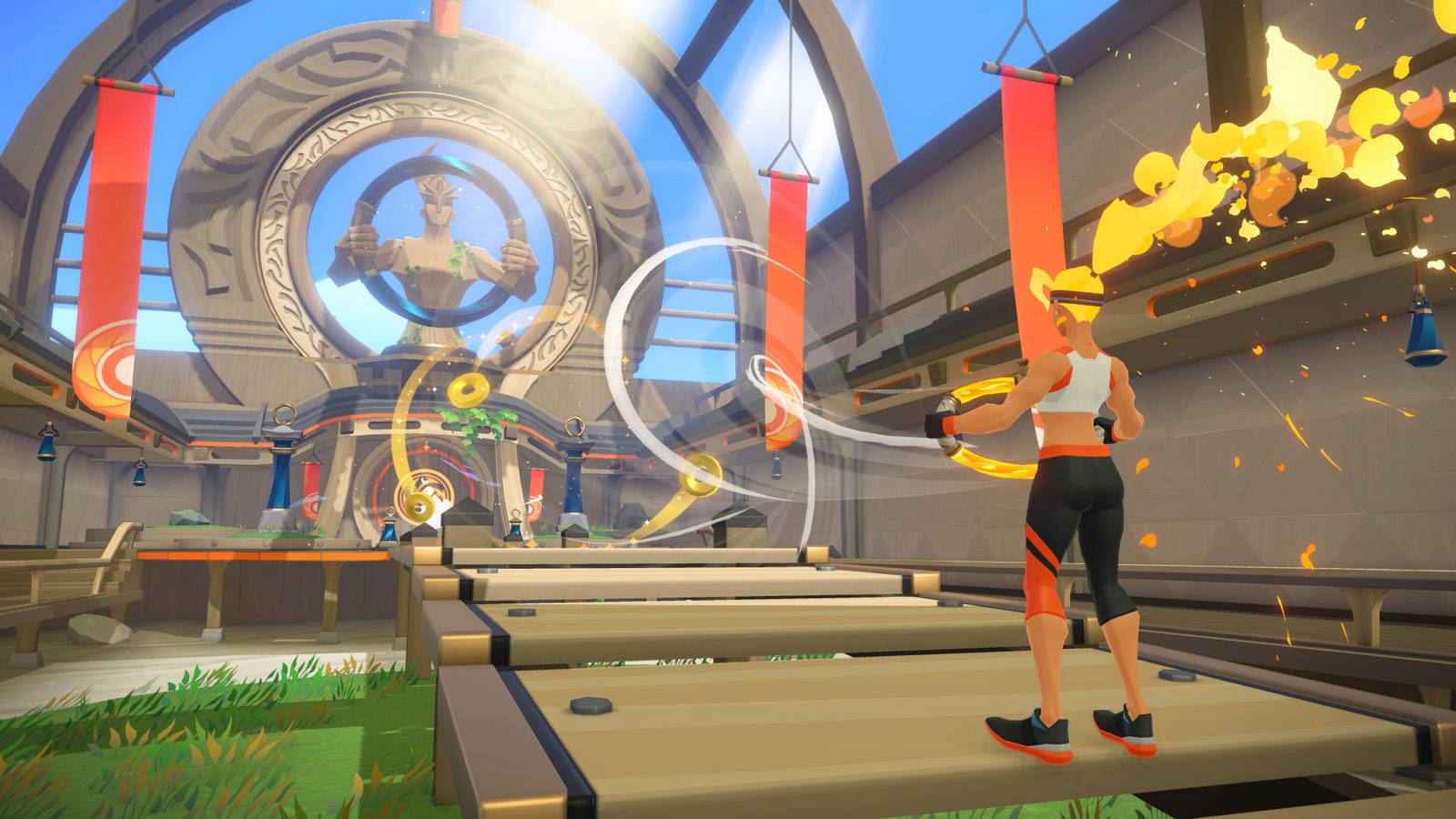 Eine Person trainiert in einem virtuellen Fitnessspiel, zieht ein Band und zielt auf ein Ziel. Gamer-Umgebung mit leuchtenden Farben.