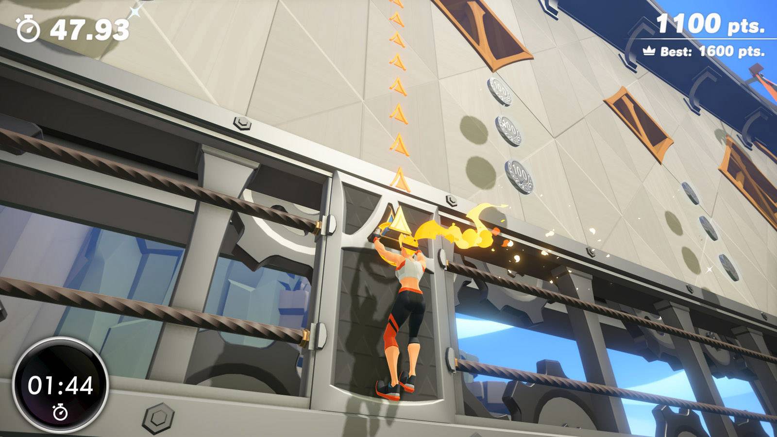 Eine Person klettert an einer Wand mit Zeit- und Punkteanzeige im Bild. Oben links die verstrichene Zeit, oben rechts die Punkte.