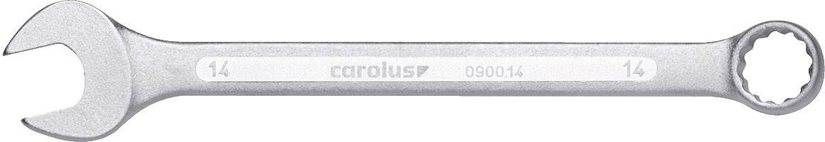 Ein silberner Schraubenschlüssel mit offener und Ringseite, Größe '14', Marke 'Carolus'.