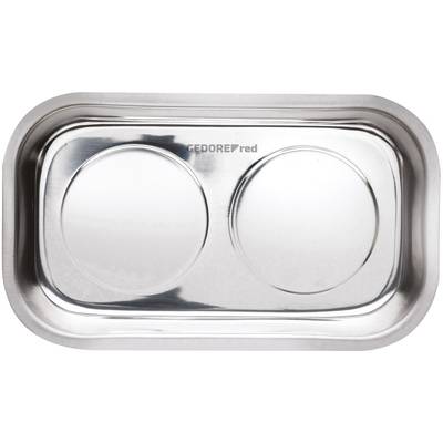 Metallschale mit zwei runden Vertiefungen, ideal zur Aufbewahrung von Schrauben und Werkzeugen auf Werkbänken.