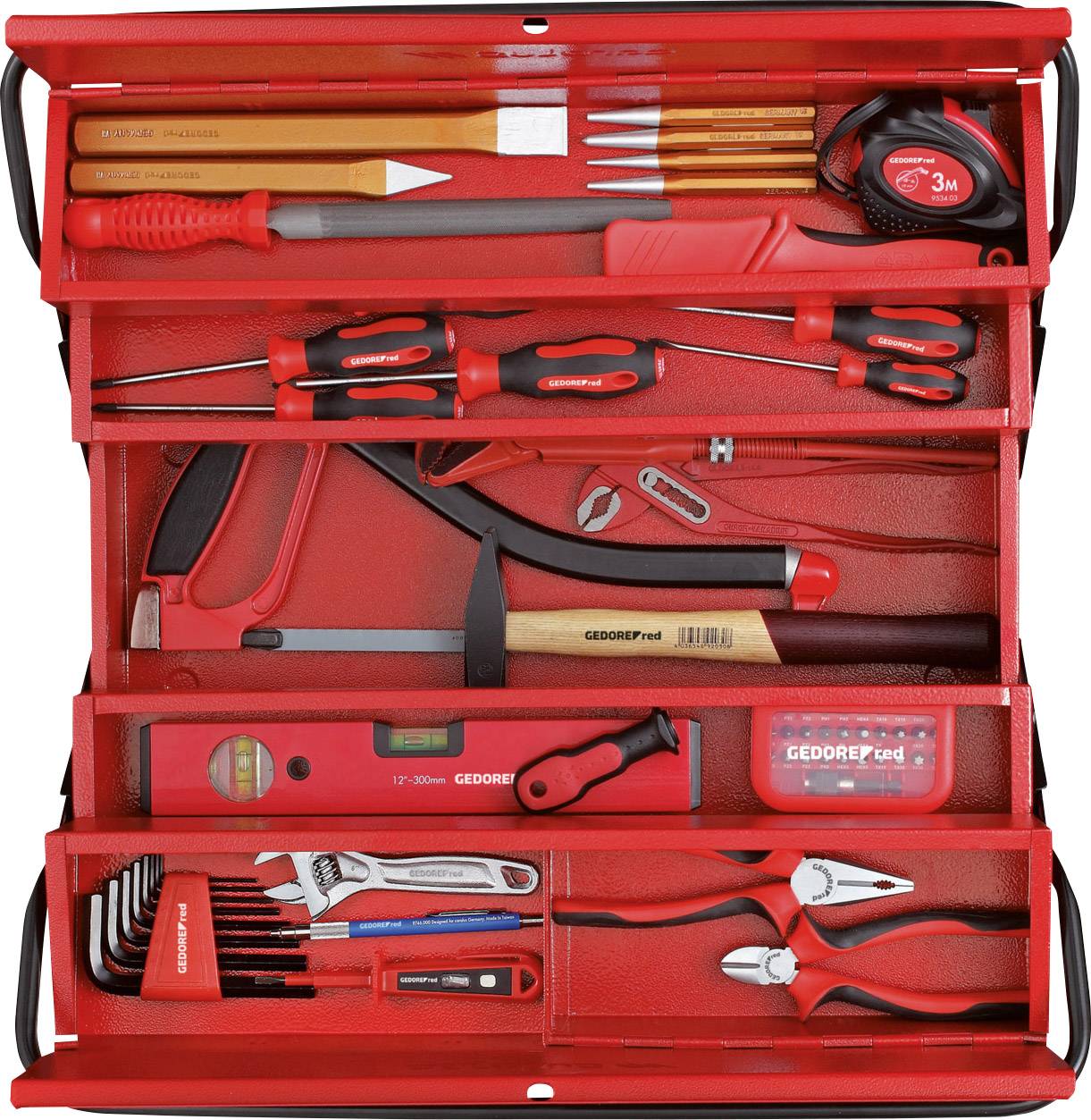 Roter Werkzeugkasten mit Fächern, gefüllt mit verschiedenen Handwerkzeugen wie Schraubendrehern, Zange, Hammer, Schraubenschlüsseln und Maßband.